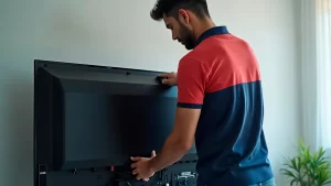 Técnico ajustando televisão durante manutenção preventiva, manuseando o painel traseiro do aparelho.